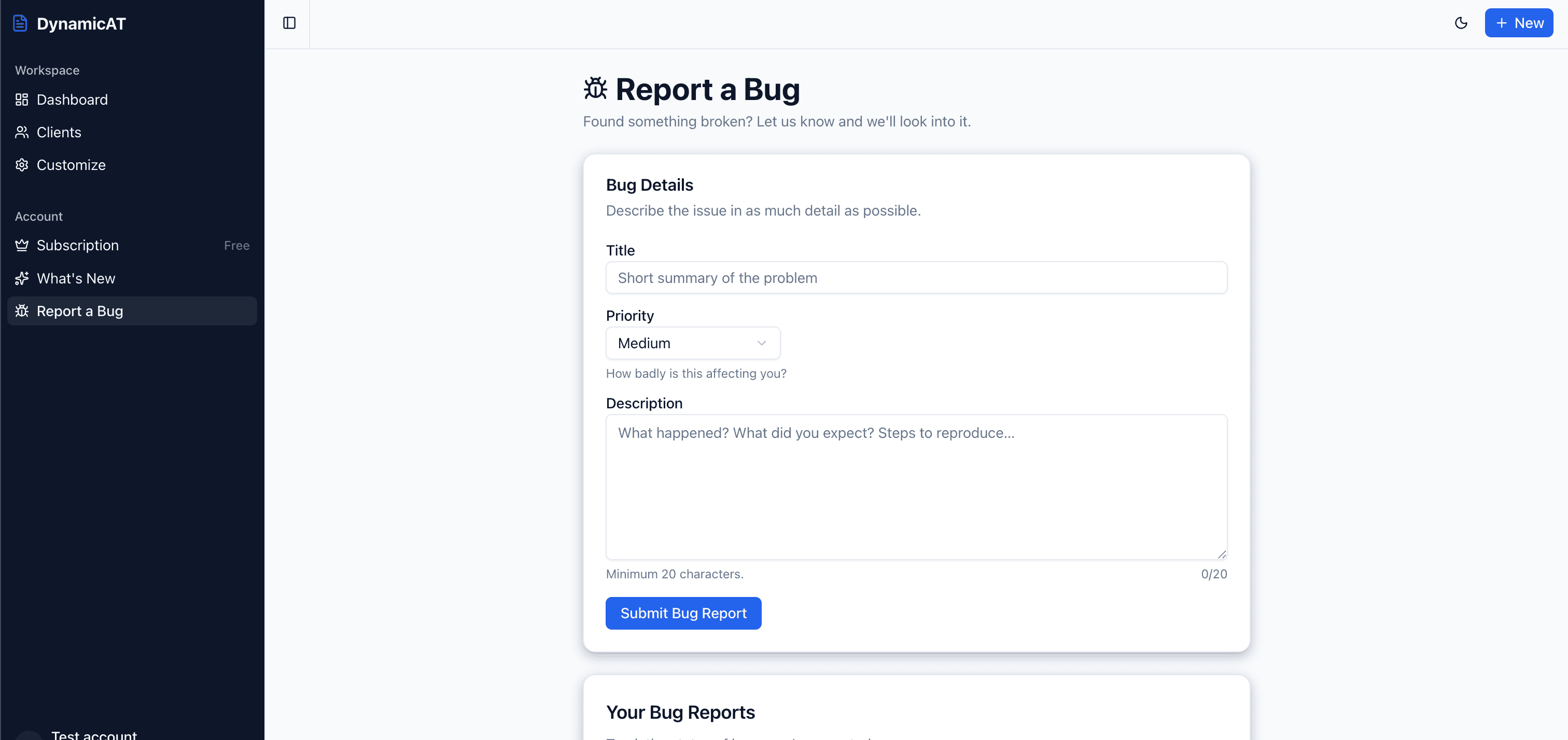DynamicAT bug report form with title, priority, and description fields