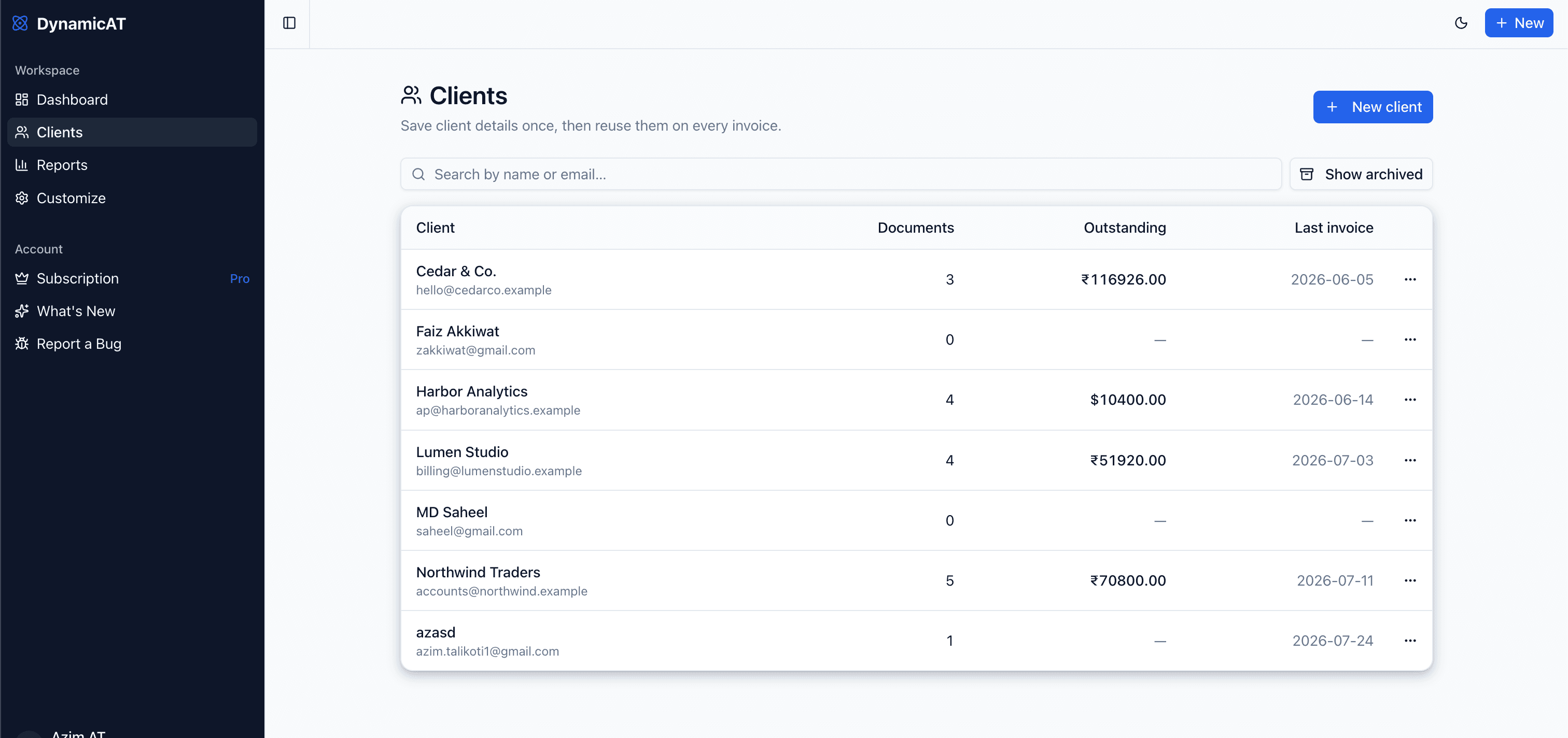 DynamicAT clients page listing saved clients with document counts, outstanding balances, and last invoice dates