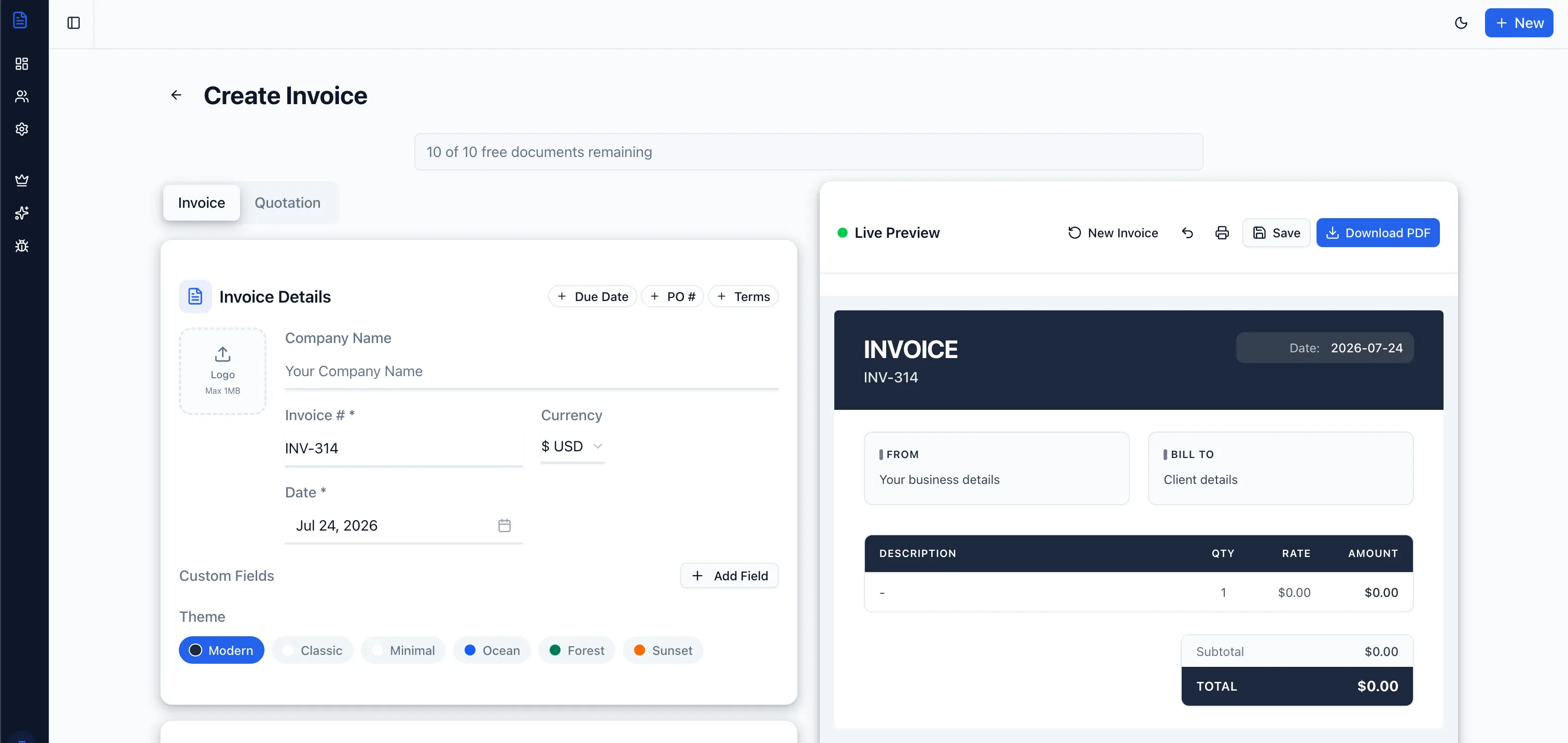 DynamicAT app showing the invoice editor alongside a live PDF preview
