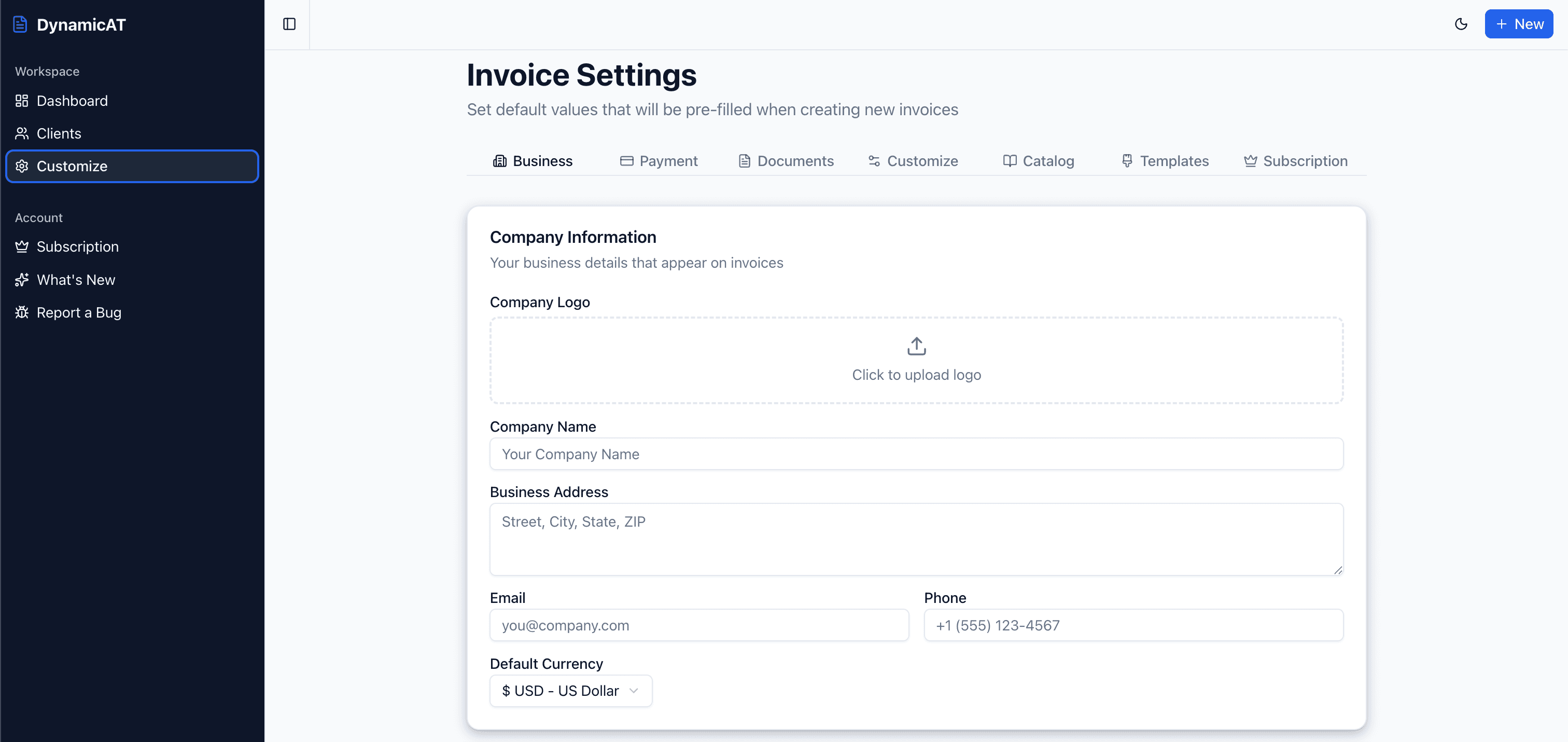 DynamicAT invoice settings showing company information defaults and the customization tabs